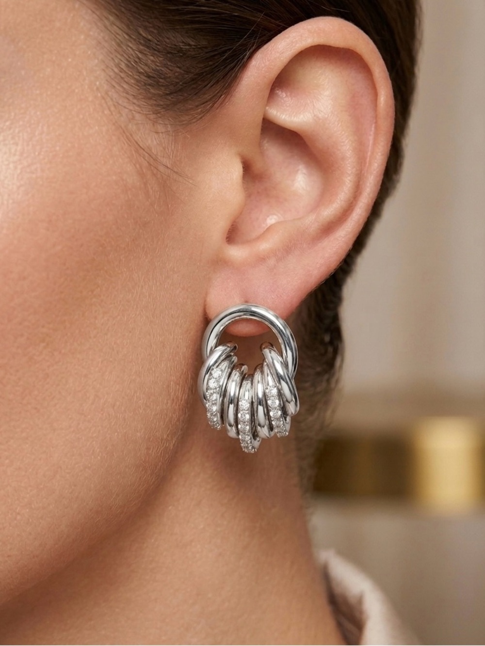 Platinum Plated Silver Tone CZ Ribbed Circle Stud Earrings | Statement Jewelry
